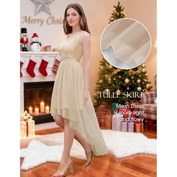 BeryLove Women Tulle Champagne Navy Chiffon Scoop Neck Sleeveless Cocktail Dress - Picture 5 of 7